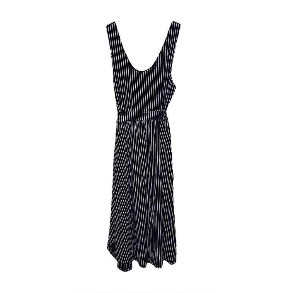 5/$25 Black and White Pinstripe Belted Midi Dress Scoop Neck Wide Straps - Picture 4 of 4